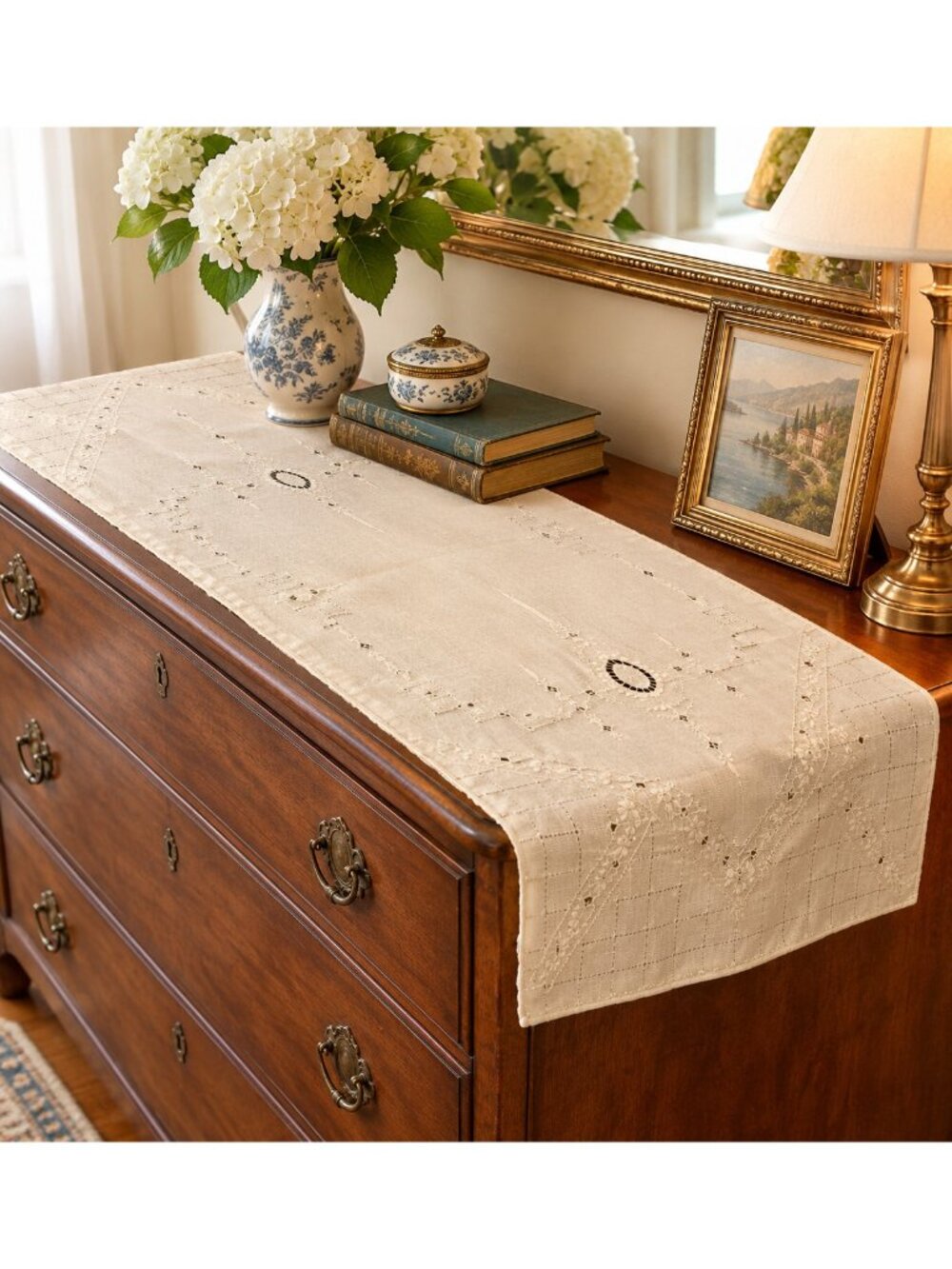 Vintage Embroidered Table Runner Dresser Scarf